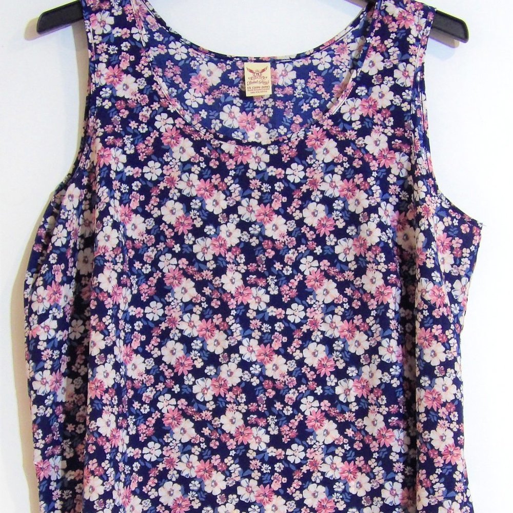 Navy with Pink and White Floral Pattern Faded Glory Polyester Tank Top 2X